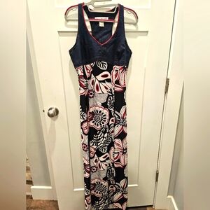 "AA Studio Denim Bodice Floral Maxi Dress Sleeveless Racerback Size 8"
